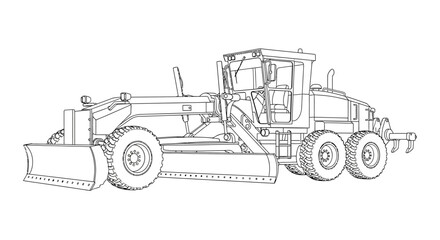 Fototapeta premium Detailed engineering illustration of an industrial motor grader. Technical line art drawing of heavy machinery for construction and earthmoving projects.