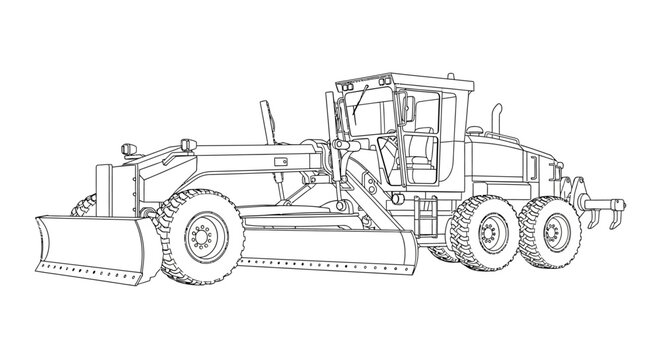 Detailed engineering illustration of an industrial motor grader. Technical line art drawing of heavy machinery for construction and earthmoving projects.