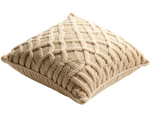  Textured Beige Knitted Cushion with Braided Cable Pattern, Front-Facing Isolated on White