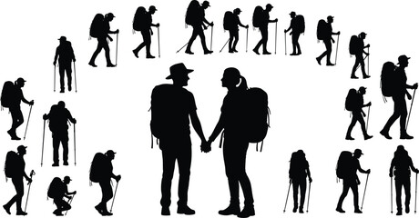Silhouette of hikers holding hands, trekking together at sunset, outdoor adventure, unity in motion, mountain exploration, scenic nature trail scene