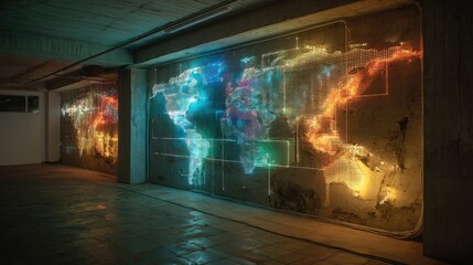 Illuminated world map on a concrete wall