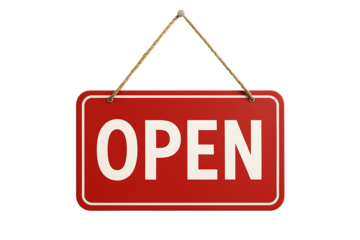 Red Open Sign Hanging on Rope Isolated on Transparent Background for Business and Storefront Use