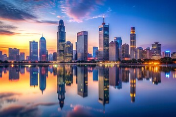 Fototapeta premium City Skyline at Sunrise Reflected in Water