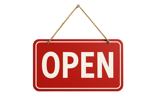 Red Open Sign Hanging on Rope Isolated on Transparent Background for Business and Storefront Use - Powered by Adobe