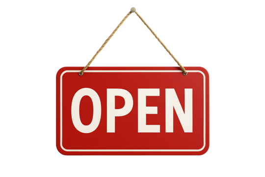 Red Open Sign Hanging on Rope Isolated on Transparent Background for Business and Storefront Use - Powered by Adobe