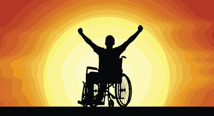 Silhouette of person in wheelchair raising arms triumphantly, vibrant sunset, disability empowerment, victory expression, resilience, motivational concept, freedom © Ideasy Mind