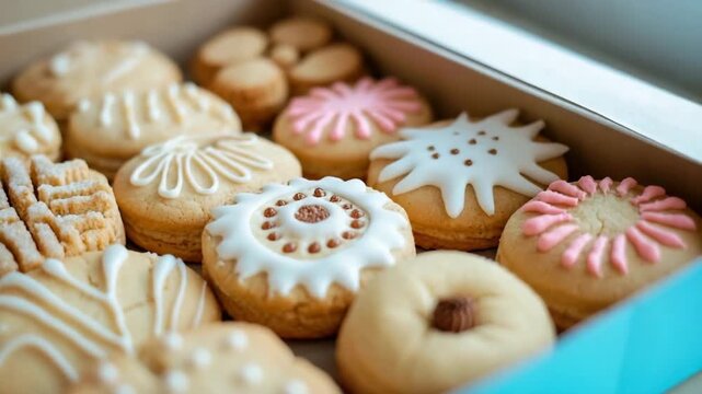 Assorted decorated cookies with icing in box featuring various shapes and patterns creating cozy inviting sweet dessert treat snack perfect baked sweet snack box delight