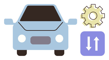Minimalistic car front, gear mechanism, data arrows symbolizing vehicle automation, innovation, and connectivity. Ideal for mobility, automotive technology, data transfer, automation AI digital