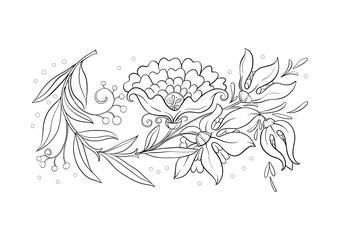 Fantasy flowers in retro, vintage, jacobean embroidery style. Clip art, set of elements for design Vector illustration.