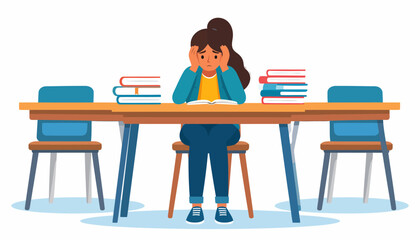 Stressed female student with a worried expression sitting at a desk surrounded by piles of books.