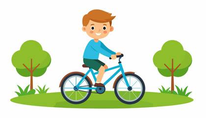 Naklejka premium Happy cartoon boy with brown hair and a blue shirt riding a light blue bicycle.