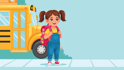 Happy schoolgirl walking with backpack under a bright blue sky with clouds, cheerful child going to school illustration