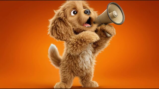 A cute cartoon puppy with fluffy brown fur. It has big eyes and an open mouth, creating an image of surprise or joy. It holds a megaphone in one paw.