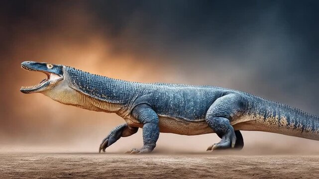 Prehistoric Reptile with Walking with Open Mouth Against Dramatic Background.