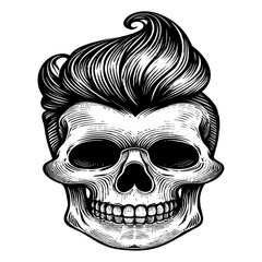 Skull sweeping hair design, hairy skull bold monochrome portrait, pompadour hairstyle illustration.