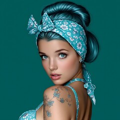 Retro Style Woman With Blue Hair And Floral Accessories Looking Back Over Shoulder