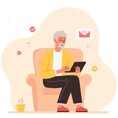 Grandfather checking email. Elderly man using laptop. Senior reading message online. Old man browsing internet. Elderly set