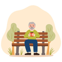 Elderly man on park bench. Senior relaxing outdoors. Retired man enjoying nature. Peaceful moment in urban park. Elderly set