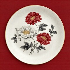 Decorative Ceramic Plate with Red and White Peony Flower Artwork