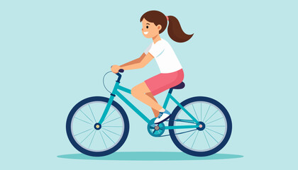 Side profile of a smiling young woman with a brown ponytail riding a modern teal bicycle.