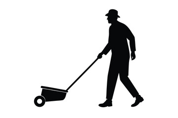 Silhouette of a person pushing a spreader for lawn care