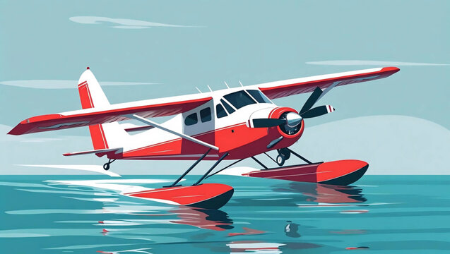 Seaplane Adventure: A vibrant illustration showcases a classic seaplane gliding gracefully above calm water. With a bright color palette and sharp lines, evoking a sense of adventure, Generative AI