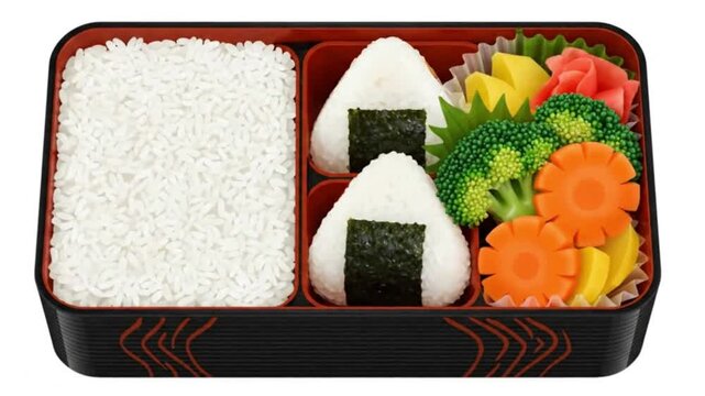 Bento box with rice onigiri carrots broccoli pickled ginger and omelet