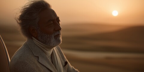 Middle-aged man riding a golf cart at sunset, showcasing elegance and focus in a serene golf field setting