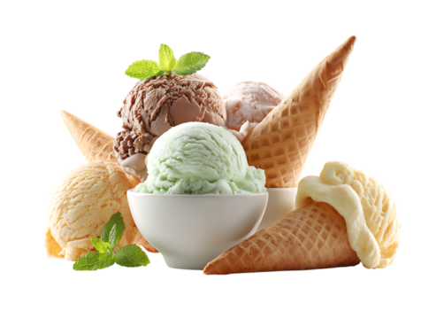 A collection of ice cream with ice cream in different styles and colors isolated on a transparent background