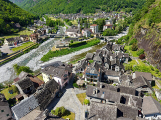 Drone view at Bignasco on Maggia valley on the Swiss alps