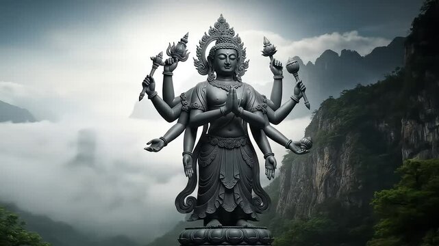 Gray Multi-Armed Statue in a Mountainous Landscape with Cloudy Sky and Greenery