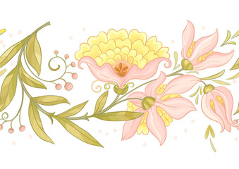 Fantasy flowers in retro, vintage, jacobean embroidery style. Seamless pattern, background. Vector illustration.
