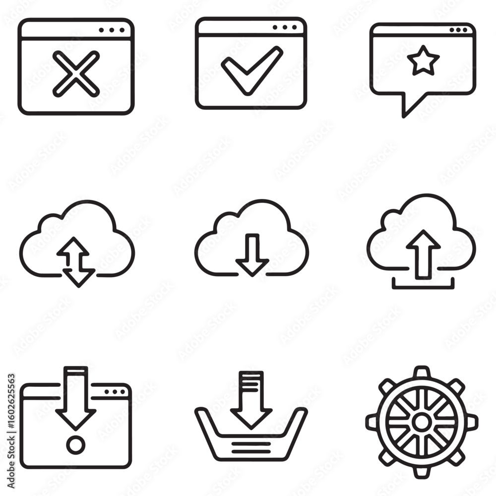 Poster collection of minimalistic line art interface and cloud computing icons for web design