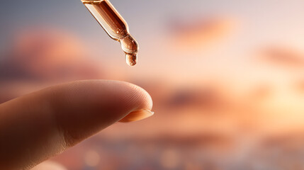 Golden serum dripping from a glass dropper onto a fingertip, against a soft, diffused sunset backdrop, conveying skincare or wellness.