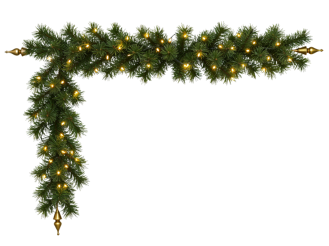 Festive green christmas garland with warm white lights and gold finials isolated on transparent background