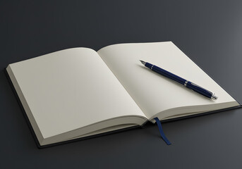 Open notebook with pen on dark surface