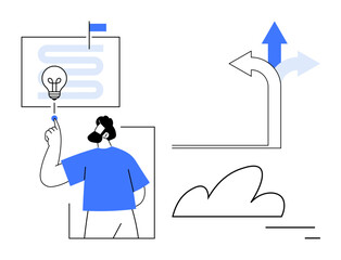 Man pointing to a light bulb with a winding path and upward arrows. Arrows symbolize direction, choices, goals, progress, and innovation. Ideal for strategy, creativity, planning business growth