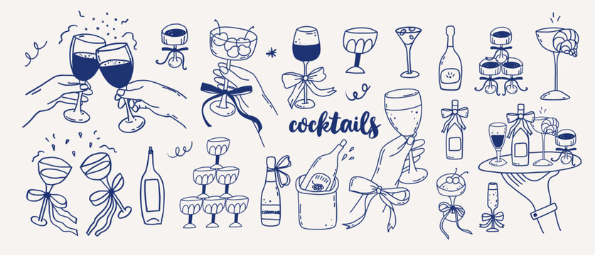 Whimsical drinks sketch line art set. Coquette hand drawn whimsy party cocktails hands holding glasses with wine and bows. Wedding italian martini, margarita vector illustration - Powered by Adobe