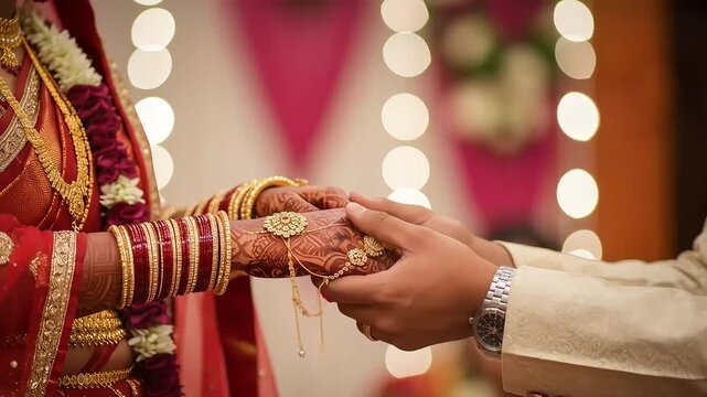 Intimate Moment Hands Holding During Traditional Indian Wedding Ceremony Featuring Red Gold and Henna Decorations