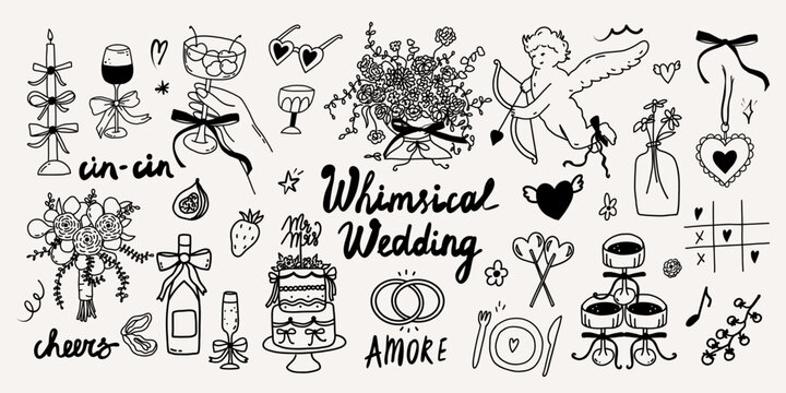 Whimsical wedding line art icons set. Trendy hand drawn doodle sketches of love and valentine quirky whimsy symbols of coquette amore, angel motifs, playful bows. Vector outline illustration