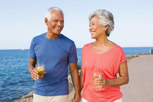 Smiling Senior Couple Enjoying Drinks by the Ocean - Powered by Adobe
