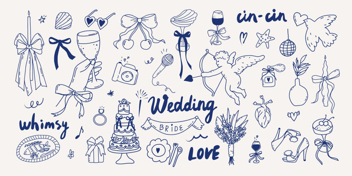 Whimsical wedding line art icons isolated. Whimsy trendy hand drawn valentine love doodle sketch. Vintage coquette amore angel quirky bow, for party menu, dinner card. Vector outline illustration
