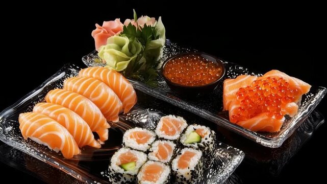 Salmon sushi nigiri, salmon maki rolls, salmon sashimi topped with fish roe served on glass plates with wasabi and garnish showcasing fresh seafood delicacy and elegant Japanese food presentation