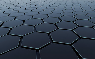 Dark hexagonal pattern with a futuristic and technological feel receding into the distance