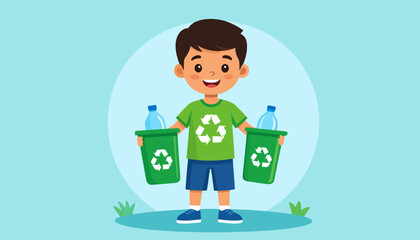 A smiling young boy in a green shirt with a recycling symbol holds two green bins with plastic bottles.