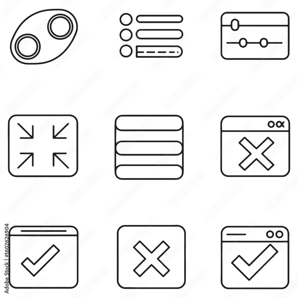 Poster collection of modern minimalistic ui ux design elements and interface icons in outline style