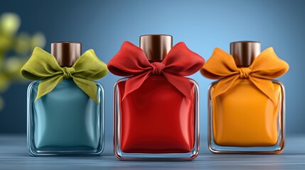 Vibrant colorful perfume bottles with elegant bows in festive packaging for beauty marketing.