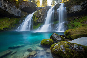Fototapeta premium Crystal clear waterfall cascading into turquoise pond in pristine nature