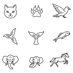 Fototapeta premium Collection of simple line art animal icons including cat paw bird fish elephant and horse