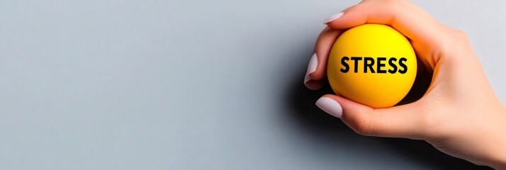 Hand gripping a yellow stress ball labeled stress against a neutral background, symbolizing stress relief and anger management techniques for better time management